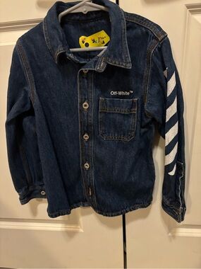 Off-White Kids Dark Blue Denim Jacket with White Sleeve Stripes